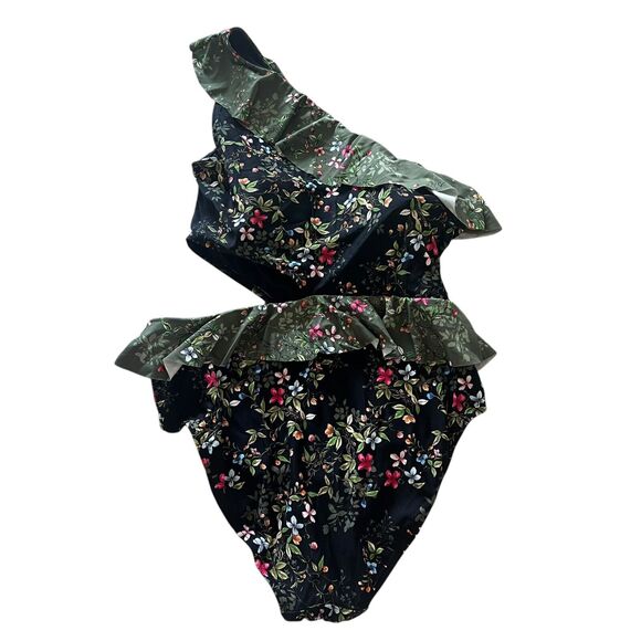 Vince Camuto Swimsuit Womens Sz. 12 Ruffle One Shoulder Cut Out Floral Padded - Picture 2 of 6